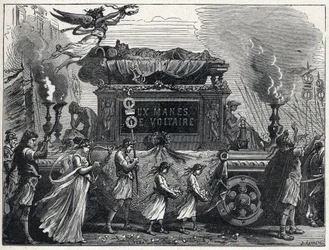 Ein Leichenwagen, der Voltaires Leichnam trägt (François Marie Arouet)