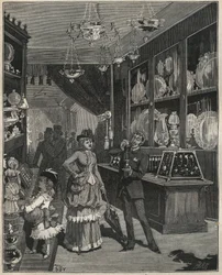 Ein Goldgeschäft in Frankreich im 19. Jahrhundert. Gravur von 1885 in „Les arts et métiers illustrés“ von Adolphe Bitard.