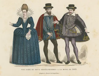 Eine Dame und zwei Herren in der Mode von 1605