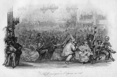 Ein Maskenball in der Pariser Oper im Jahr 1843. („Le carnaval“ Lied von Marc-Antoine Madeleine Desaugiers) in „CHANS et CHANS POPULES DE LA FRANCE - 1843 - H.- L. DELLOYE, Verleger, LIBRAIRIE DE GARNIER.