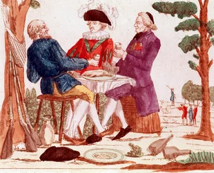 Ein Bauer (Dritter Stand), Klerus und Aristokrat essen gemeinsam einen Hasen an einem Tisch, im rechten Hintergrund eine Jagdszene, links drei Gewehre, August 1789 (Gravur, späte 18. Jahrhundert)