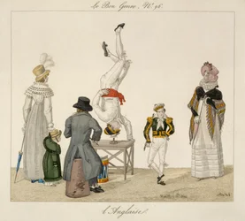 Ein Künstler steht auf dem Kopf und balanciert auf einem Glas, Platte 96 aus Le Bon Genre, ca. 1810