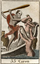 Darstellung des Charon (oder Caron), der in der Unterwelt umhergeht und den Verstorbenen die Überquerung des Flusses Acheron (oder Styx) ermöglicht. (Charon (oder Kharon) ist der Fährmann der Hölle, der die Seelen in seinem Boot über den Fluss Acheron