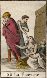 Darstellung der Armut, barfuß und in Lumpen gekleidet, sie sitzt auf Stroh. Aus „Mythologie der Jugend“ von Pierre Blanchard 1803.