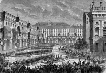 Eine Truppenparade, abgehalten vom italienischen König Viktor Emanuel II. in Turin am 7. Juni