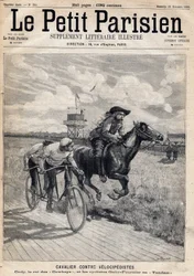 Ein Reiter im Rennen gegen Velocipedisten: William Frederic Cody (1846-1917), bekannt als Buffalo Bill, bekannt als König der Cowboys, und die Radfahrer Gaby und Fournier im Tandem. In der Zeitung „Le Petit Parisien“ am 26.11.1893 (Gravur)