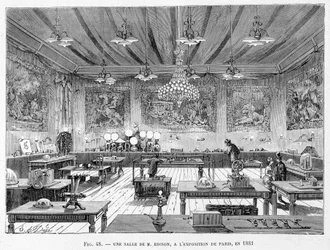 Ein Raum von Herrn Edison auf der Pariser Ausstellung 1881 - in „Die neuen Eroberungen der Wissenschaft“ von Louis Figuier