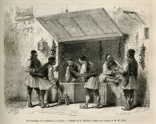 Eine Schusterwerkstatt und seine Kundschaft in Livadie, Zeichnung von D. Maillard zur Illustration der Geschichte von Henri Belle: Reise nach Griechenland