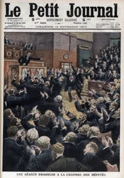 Eine stürmische Sitzung in der Abgeordnetenkammer - Premierminister Aristide Briand beschuldigt den Führer der Sozialisten, Jean Jaurès, des Gesetzesverstoßes - Illustration aus 