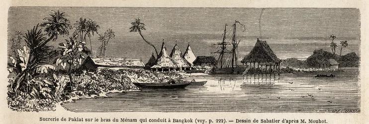 Eine Zuckerfabrik von Paklat am Arm des Menam, Hauptfluss von Thailand. Zeichnung von Sabatier zur Illustration von Henri Mouhots Reise in die Königreiche Siam, Kambodscha und Laos von 1858 bis 1861. Gravur in „Le tour du monde“, herausgegeben von Edouard 