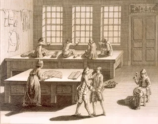 Eine Schneiderwerkstatt, aus der Encyclopedie des Sciences et Metiers von Denis Diderot (1713-84) veröffentlicht ca. 1770