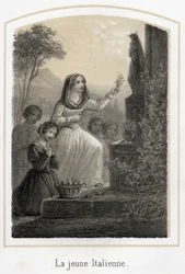 Eine sehr fromme junge Italienerin ehrt die Jungfrau Maria, indem sie ihr einen Olivenzweig überreicht. Anonyme Gravur des 19. Jahrhunderts