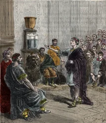 Eine Wasseruhr oder Klepsydra in Athen - Antikes Griechenland - Kupferstich in „Les Sciences mises à la portée de tous - Physique et chimie“ von Alexis Clerc - Ende des 19. Jahrhunderts - Privatsammlung