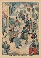 Eine Hochzeit auf Handkarren, Rückseitige Illustration aus Le Petit Journal, supplement illustre, 5. April 1914