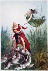 Eine Frau greift eine andere Frau und einen Jungen an, geführt von Delfinen - in "Reise zum Meeresgrund" von H. de la Blanchère. Paris, ed. Jouvet et Cie, sd. 1880. (doppelt 02947)
