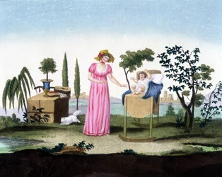 Eine junge Mutter mit ihrem Neugeborenen. Kunstdeko. Um 1810