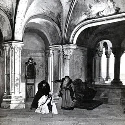 Akt IV, Szene 2 von Pelléas et Mélisande von Debussy, aus einem Foto der ersten Aufführung im April 1902 der Oper an der Opéra-Comique in Paris, Illustration in Theatre Magazine, Juni 1902