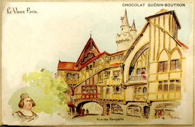 Werbe-Chromolithographie von Schokoladen Guerin Boutron, Das alte Paris, Rue des Remparts