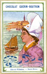 Werbe-Chromolithographie von Chocolats Guerin Boutron, die Kopfbedeckungen der Regionen Frankreichs, Ille et Vilaine, Saint Briac, Illustration Emile Jammes