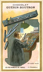 Werbechromolithografie von Guerin Boutron Schokoladen, Arbeitsinstrumente, 84 verschiedene Motive, der Komposter