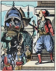 Aladin verliebt sich in die Tochter des Sultans. Gravur der Geschichte aus Tausendundeine Nacht „Aladin und die Wunderlampe“. Epinal-Bild, Ende des 19. Jahrhunderts. Private Sammlung.