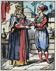 Aladin legt prächtige Diamanten in eine goldene Schale und schickt seine Mutter, um sie dem Sultan anzubieten, um seiner Tochter einen Heiratsantrag zu machen. Gravur aus dem Märchen Tausendundeine Nacht "Aladin und die Wunderlampe". Epinal-Bild, Ende des 