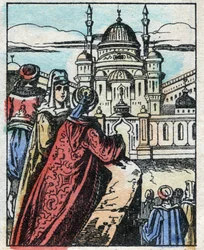 Aladin wünscht sich, dass der Dschinn einen prächtigen Palast gegenüber dem Palast des Sultans baut. Gravur aus dem Märchen Tausendundeine Nacht "Aladin und die Wunderlampe". Epinal-Bild, Ende des 19. Jahrhunderts. Private Sammlung.
