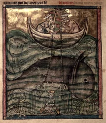 Alexander der Große wird in einem Glaskäfig auf den Meeresboden herabgelassen, aus 