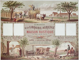 Almanach, der traditionelle und moderne Methoden der Landwirtschaft illustriert, ca. 1870-80