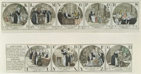 Alphabet-Fibel, Darstellung der Arbeit der Barmherzigen Schwestern, frühes neunzehntes Jahrhundert