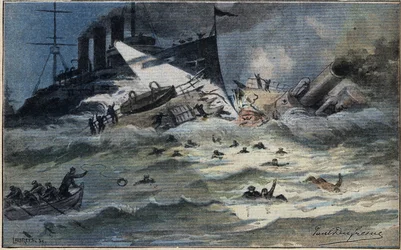 Ein englischer Torpedo, der in zwei Hälften geschnitten wurde, aus der Zeitung 