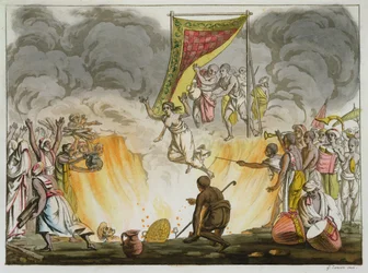 Eine indische Witwe verbrennt mit dem Leichnam ihres Mannes, Tafel 30 aus einem Buch über Indien, graviert von Gaetano Zancon