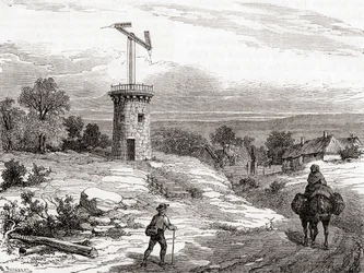 Ein Lufttelegrafenmast im 18. Jahrhundert, aus Les Merveilles de la Science, veröffentlicht um 1870 (Gravur)