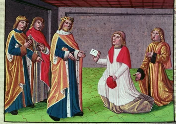 Ein Gesandter von Papst Adrian I. bittet Karl den Großen, Rom gegen den Langobardenkönig Desiderius zu verteidigen, Miniatur aus 