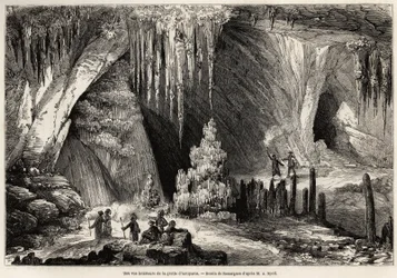 Innere Ansicht der Höhle von Antiparos, Insel der Kykladen, Zeichnung von Emile Rouargue (ca. 1895-1865), zur Illustration des Besuchs der Höhle von Antiparos im Jahr 1859, von E.A.Spoll. Gravur in 
