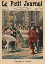 Eine seltsame Tradition des 1. Januar in den Pariser Theatern, der „Feuerwehrmannkuss“, Titelblattillustration aus Le Petit Journal, illustrierte Beilage, 4. Januar 1914