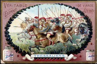 Antikes Griechenland: Thessalien in der Antike. Thessalische Kavallerie greift die Römer an. Liebig Chromolithographie aus dem späten 19. Jahrhundert.