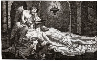 Engel um Jesus. (Gravur)