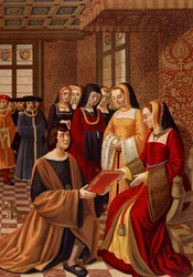Anne von Bretagne (1477-1514) umgeben von ihren Ehrendamen. Chromolithographie nach einer Miniatur aus dem 16. Jahrhundert. Bibliothek der Künste Deco, Paris