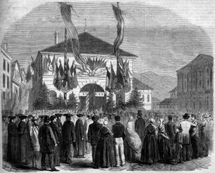 Annexion von Savoyen an Frankreich, Chambéry, 22. April 1860: Abstimmung der Bevölkerung über den Anschluss von Savoyen an Frankreich. Gravur in „Le Monde Illustré“ Nr. 160 vom 5. Mai 1860
