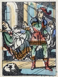 Anonyme Illustration für „Dornröschen“, Märchen von Charles Perrault (1628-1703), französischer Schriftsteller. Holzstich von Imaging Pellerin - Epinal, Ende des 19. Jahrhunderts