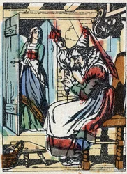 Anonyme Illustration für „Dornröschen“, Märchen von Charles Perrault (1628-1703), französischer Schriftsteller. Holzschnitt von Imaging Pellerin - Epinal, sp. Ende des 19. Jahrhunderts.