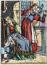 Anonyme Illustration für „Dornröschen“, Märchen von Charles Perrault (1628-1703), französischer Schriftsteller. Holzschnitt von Imaging Pellerin - Epinal, sp. Ende des 19. Jahrhunderts.