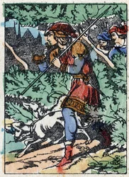 Anonyme Illustration für „Dornröschen“, Märchen von Charles Perrault (1628-1703), französischer Schriftsteller. Holzstich von Imaging Pellerin - Epinal, späte 19. Jahrhundert.