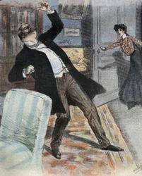 Apoplexieanfall (plötzlicher Ausfall der Gehirnaktivität aufgrund eines Kreislaufunfalls im Gehirn). Illustration aus dem späten 19. Jahrhundert für den Roman „Gogosse“ von Max Villemer
