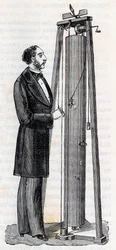 Apparat von Arthur Jules Morin (1795-1880) Apparat zur Untersuchung des freien Falls - Gravur in „Wissenschaften für alle - Populäre Physik und Chemie“ von Alexis Clerc - Ende 19. Jahrhundert - Private Sammlung