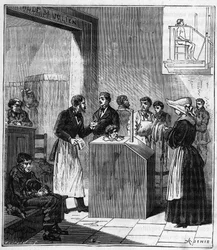 Apparate, die Ende des 19. Jahrhunderts in Pariser Krankenhäusern zur Bekämpfung der Krätze mit Schwefel verwendet wurden - Gravur in „Sciences brought to the graces of all - physics and chemistry“ von Alexis Clerc - Ende 19. Jahrhundert - private Sammlung