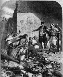Archäologische Ausgrabungen: entdeckte niedrige assyrische Reliefs in Nimrud (Kleinasien) durch den englischen Archäologen Austen Henry Layard