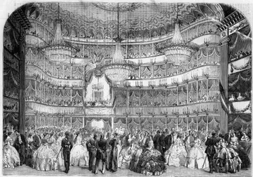 Architektur: Innenansicht des Königlichen Theaters (19. Jahrhundert) in Nizza (Alpes Maritimes, 06), 1858, während des Wohltätigkeitsballs der Societe francaise d