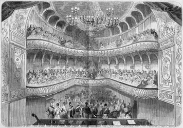 Architektur: Innenansicht des Theaters (18. Jahrhundert) des Schlosses von Fontainebleau. Gravur in „Le Monde Illustré“ Nr. 61 vom 12. Juni 1858.